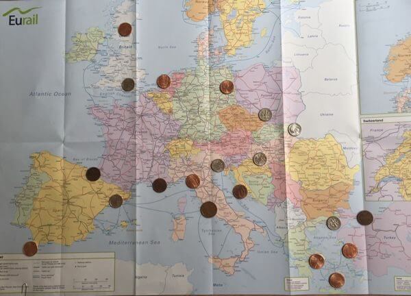 planning your path on Eurail mark cities you'd like to visit with pennies and dimes. 