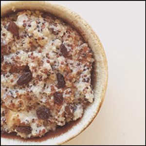 Quinoa cooked in cashew cinnamon milk (replaced water for cooking) with raisins and apples