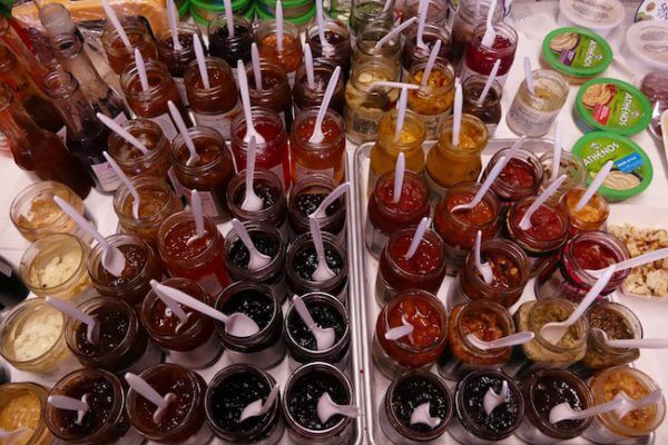 Jams for tasting at Oak Glen Village